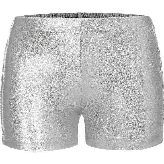 CHICTRY Teens Girls Shiny Ballet Dance Shorts High Waist Metallic Gymnastics Fitness Shorts Silver-A 130