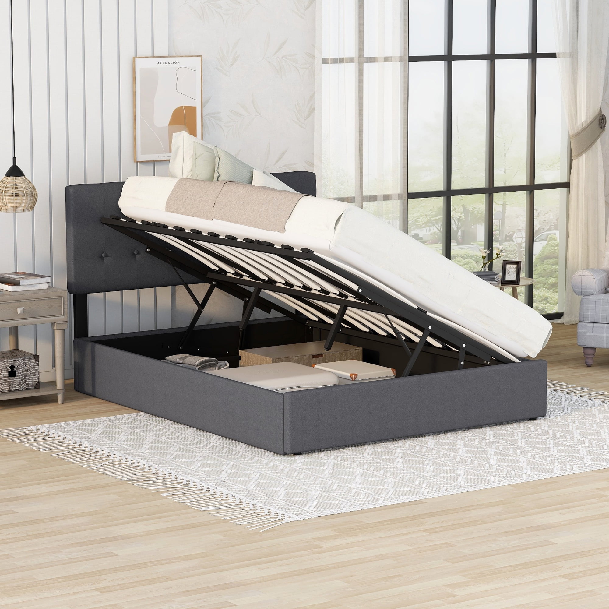 Queen Size Upholstery Platform Bed with Lift up Storage Underneath