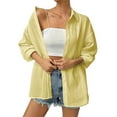 thumbnail image 5 of Otntypg Womens Button Down Shirts Lightweight Soft Cotton Beach Vacation Tees Shirts Fall Elegant 3/4 Length Sleeve Work Blouses Collared Tunic Tshirt Tops Yellow S, 5 of 10