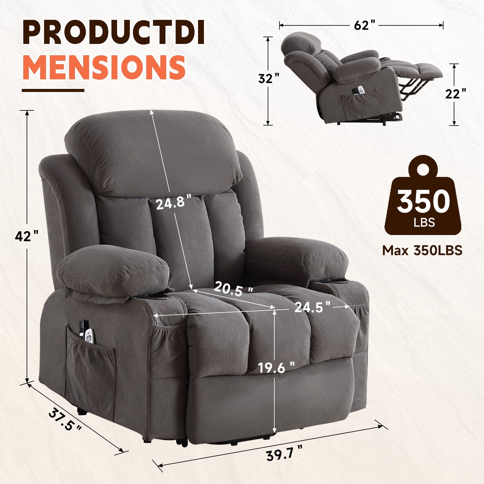 UHOMEPRO Lift Recliner Chair for Elderly and Adult, Electric Recliner with Heat and Vibration Massage, Remote Control, USB Port, Side Pockets & Cup Holders, Gray