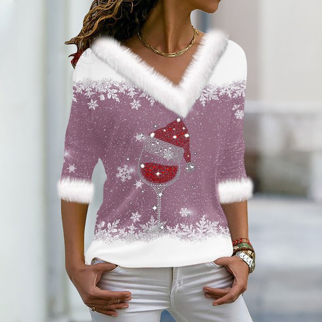 Offres de Liquidation! Aqestyerly Hauts de Noël à Manches Longues pour Femmes, Pull Imprimé à Col en V