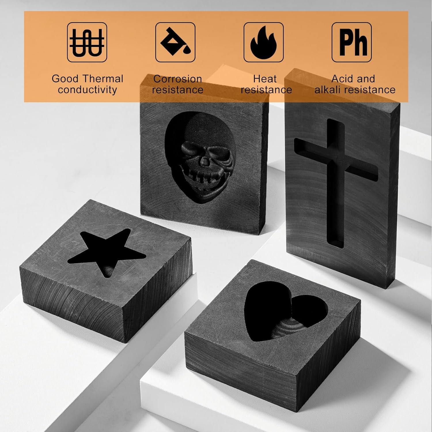4 Pcs Graphite Casting Ingot Molds Heart Star Skull 3D Cross Refining Scrap Melting Casting Mold for Smelting Gold Silver Metal Aluminum Copper Brass Zinc