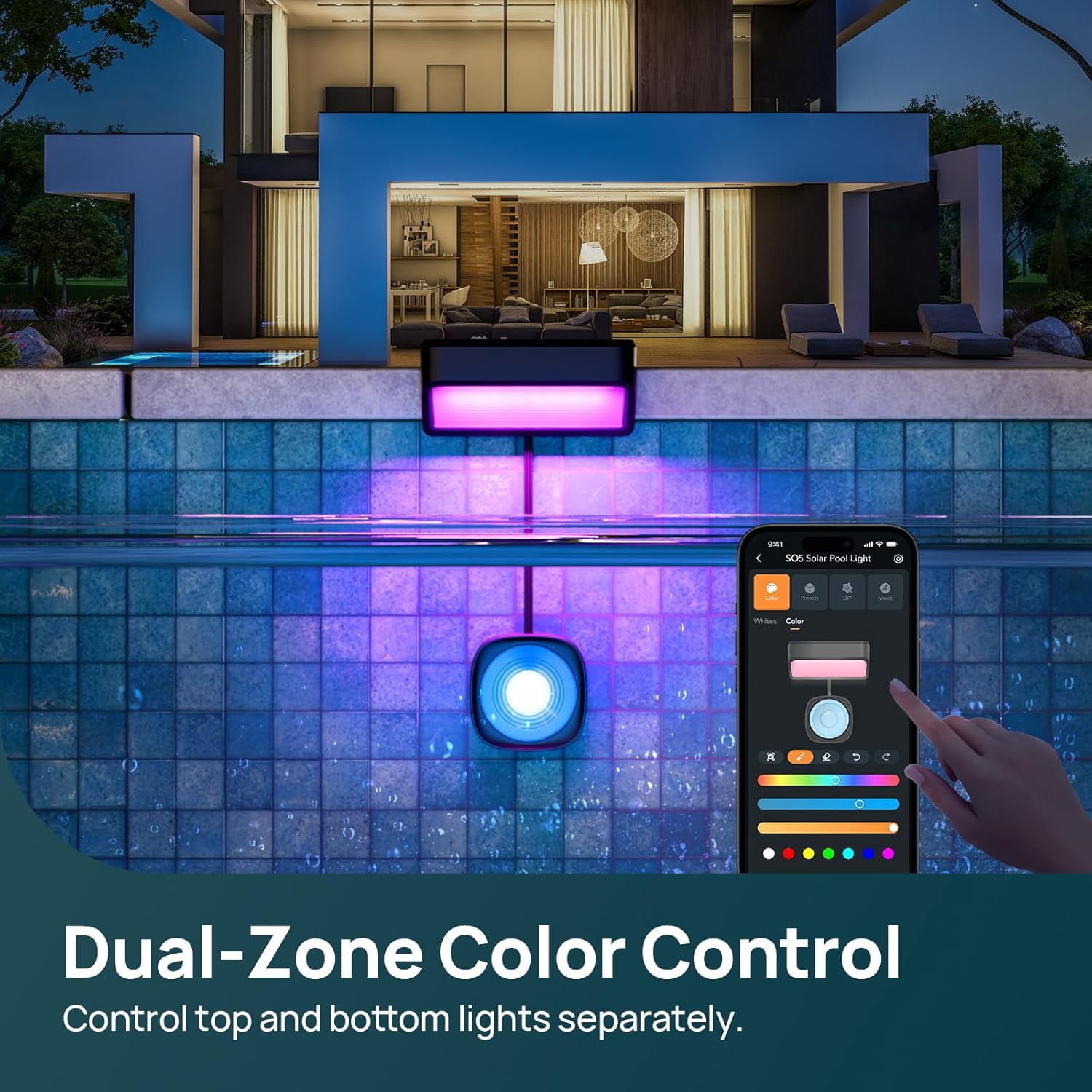 Linkind Smart Solar Pool Lights, RGBW LED with Dual-Zone App Control, IP68 Waterproof, Solar Powered for Inground & Above Ground Pools, Garden, Pond, Fence, 2-Pack