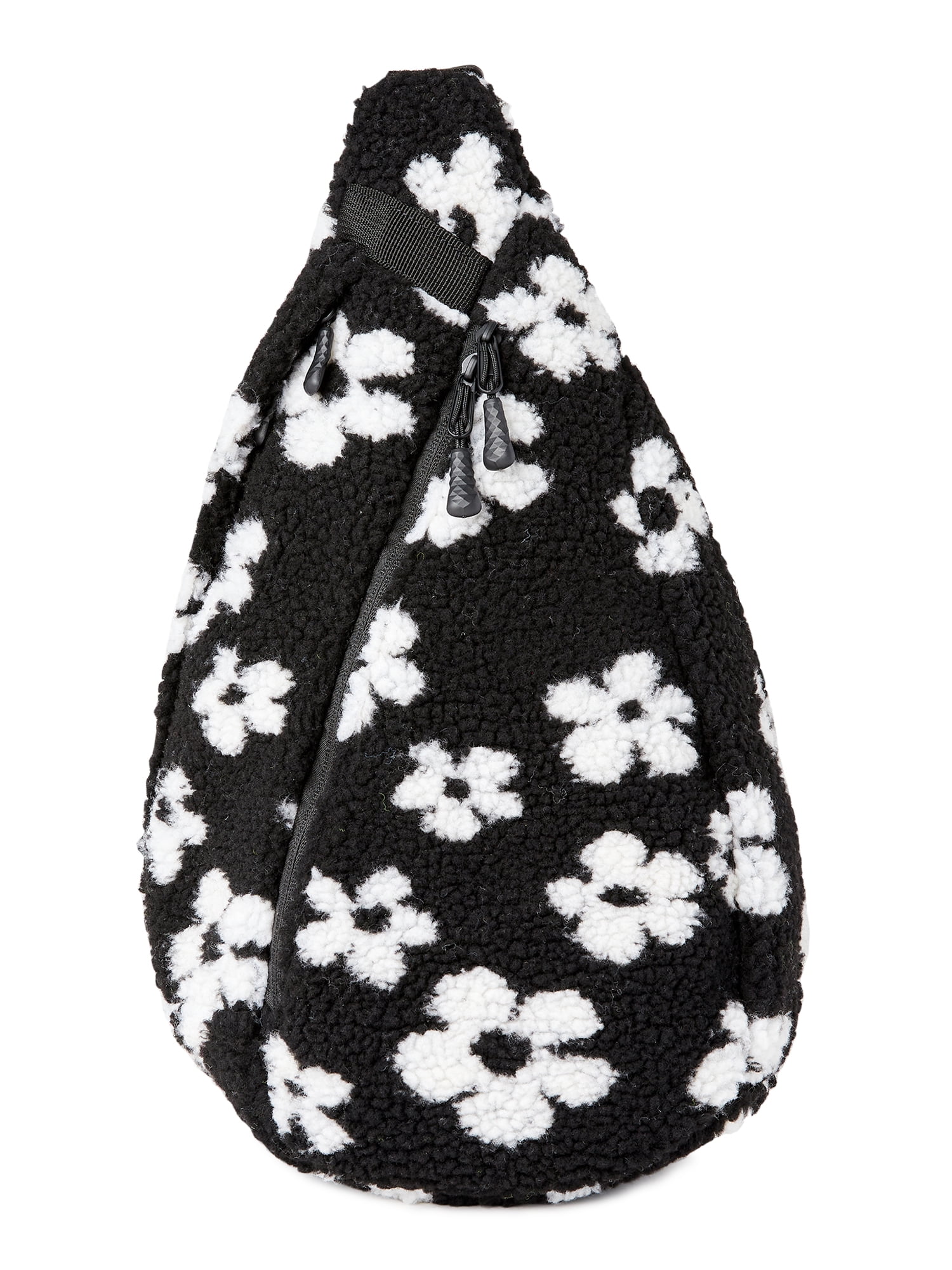 No Boundaries Women's Hands Free Zip Sling Bag Black and White Floral
