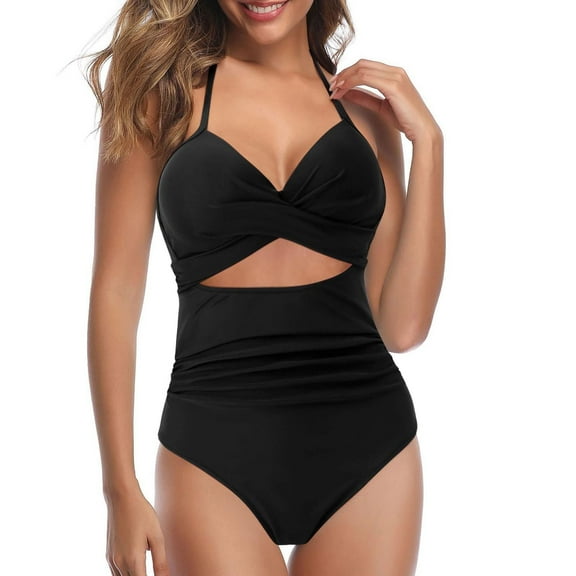 Sngxgn Women Tummy Control Swimsuits Cutout Ruffle Bathing Suit High Cut Swimsuits(Black,XXL)