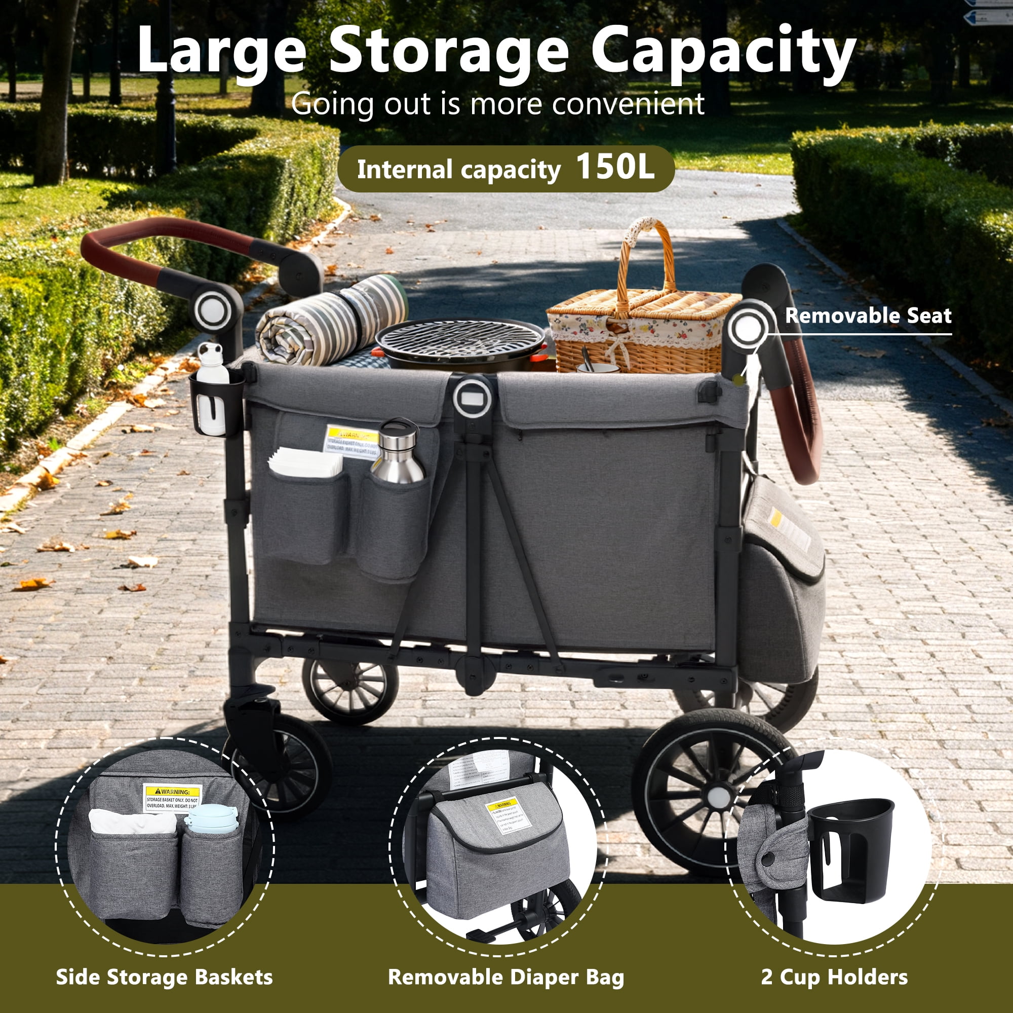 LINLUX 2 Kids Wagon Stroller, Foldable Outdoor 2-Seat Stroller Wagon, Removable Canopy, 55 Pound, Gray