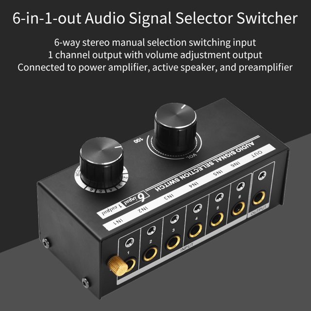 Sélecteur de Signal Audio 6-en-1-Out Switcher 6 Entrées & 1 Sortie Sélection de Source Switcher Sélection de Signal Audio pour Écouteurs et Haut-Parleurs avec Contrôle du Volume