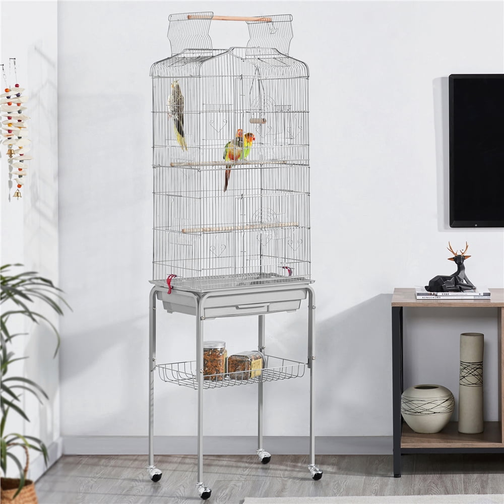 Alden Design 64" Large Rolling Metal Bird Cage with Open Top, Light Gray