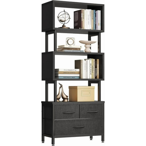 Casaottima 7 Tier Bookshelf, Tall Geometric Bookcase with Fabric Drawers, Modern Display Book Shelves Book Case for Living Room Bedroom, Wood Decorative Standing Shelving Unit for Home Office, Black