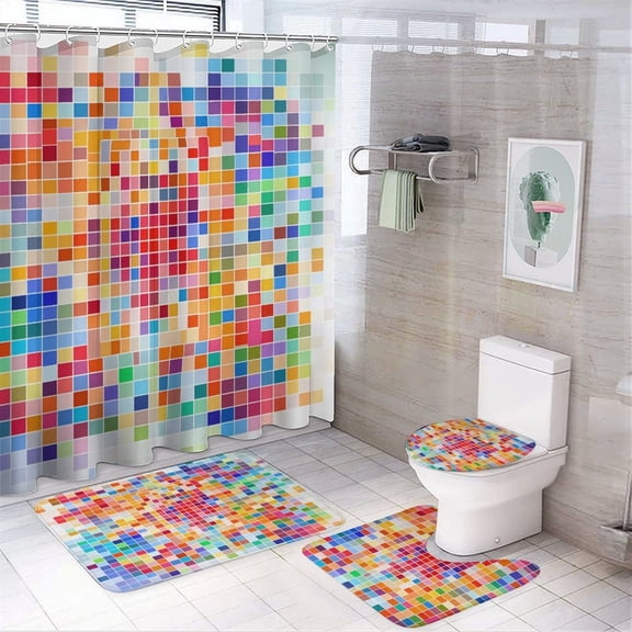 4 Piece Bathroom Rug Set with Shower Curtain Shower Curtain And Rugs Shower Curtain Set Colorful Square Waterproof Shower Curtain Colorful Mexican Tiles for Bathroom Decor