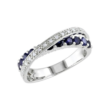 Created Blue Sapphire and Diamond Ring 1.10 Carat (Ctw) in Sterling Silver