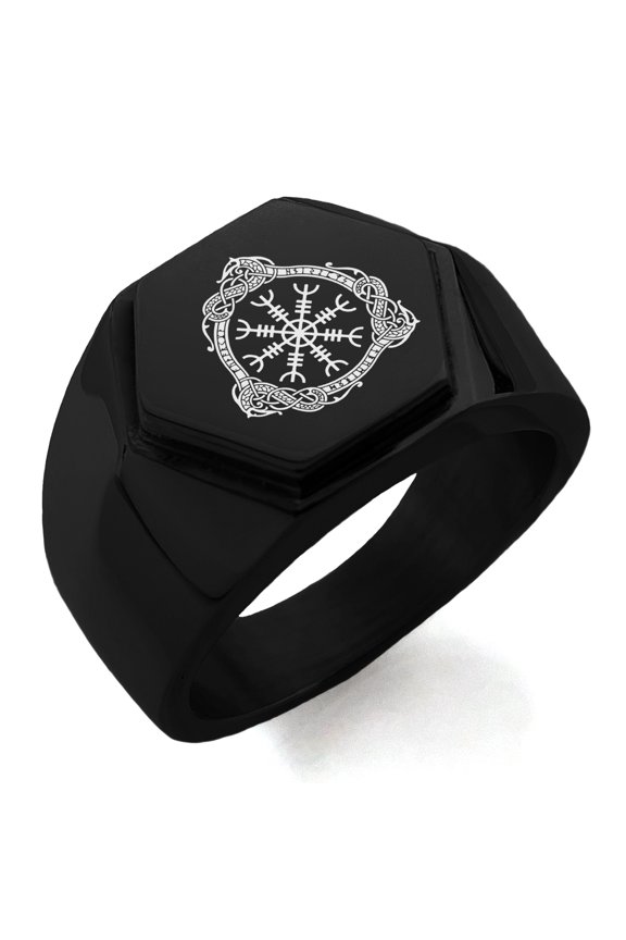 Stainless Steel Aegishjalmur Awe & Terror Helm Viking Rune Engraved Hexagon Crest Flat Top Biker Style Polished Ring