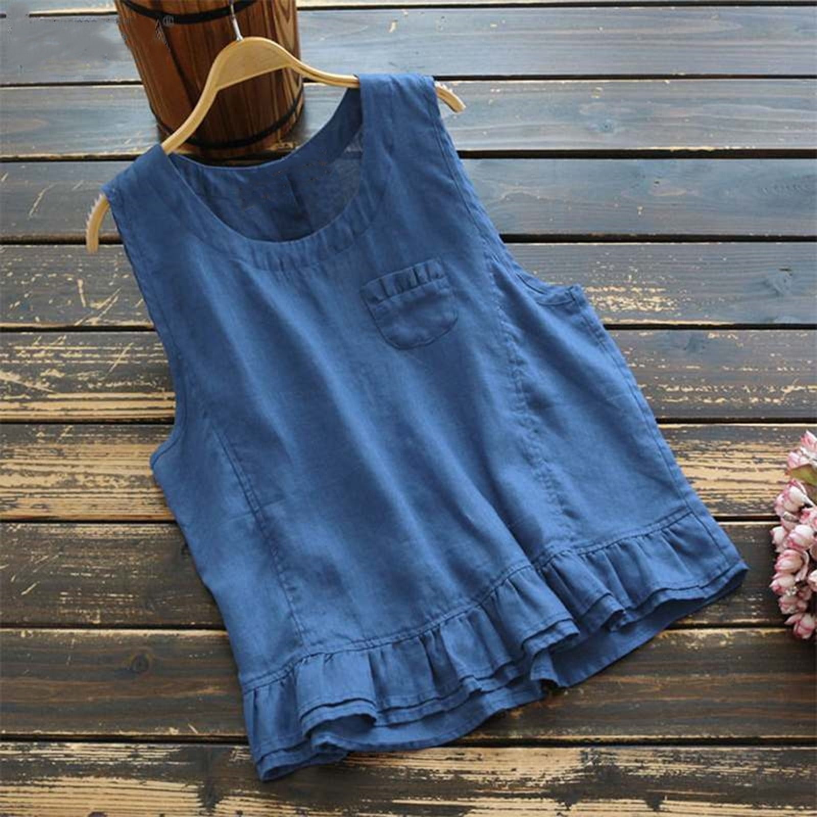 Lastesso Women Sleeveless Linen Tops Casual Cute Summer T Shirts Ruffle