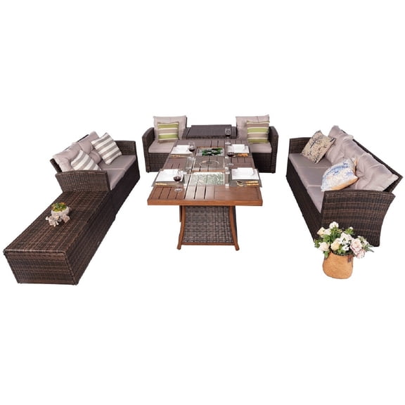 Abrihome 7-Piece Patio Brown Conversational Sofa Set With Gas Firepit And Ice Container Rectangle Dining Table And Storage Box