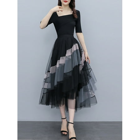 Luethbiezx Contrast Color Elastic Mesh Fairy A-Line Skirt: Women's Fashion