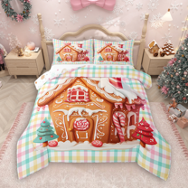 Manfei Gingerbread House Queen Comforter Set 3 Pieces for Kids Girls, Christmas Tree Bedding Sets, Rainbow Buffalo Plaid Bedding Comforter Set, Luxury Bedroom Decor