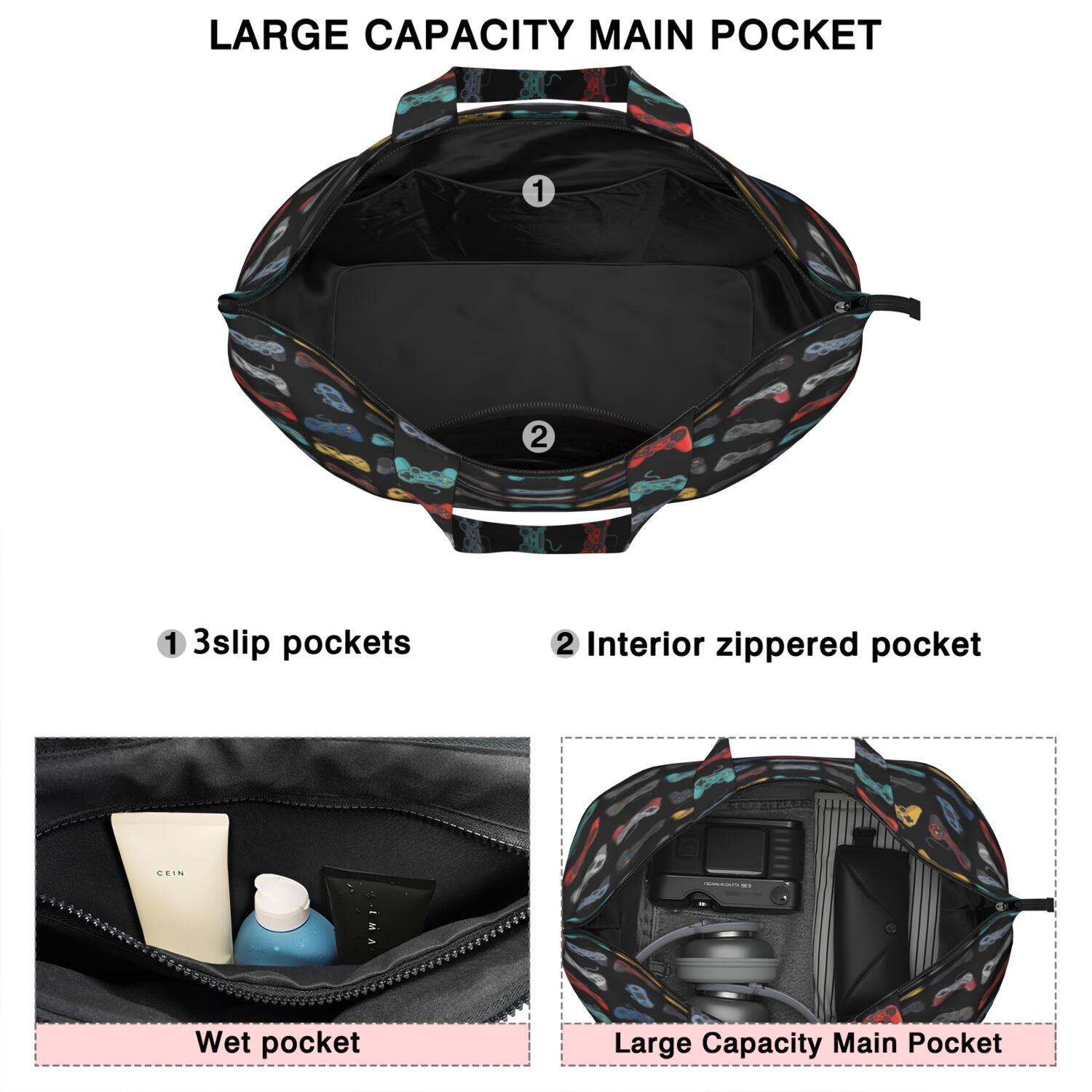 Colorful Controllers Games Black Pattern Travel Tote Bags for Women Carry On,Large Weekender Bags for Women Travel,Multi Functional Duffle Bag for Work,Shopping,Sports