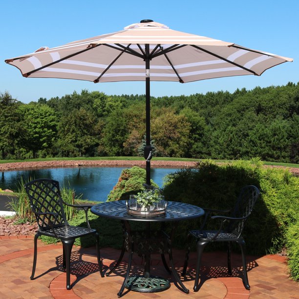 Sunnydaze 9 Foot Outdoor Patio Umbrella With Solar Lights Tilt Crank Led Beige Stripe Walmart Com Walmart Com