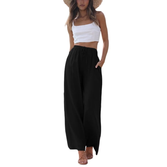 Pantalón Faleave de algodón y lino, pierna ancha tipo palazzo, negro - L