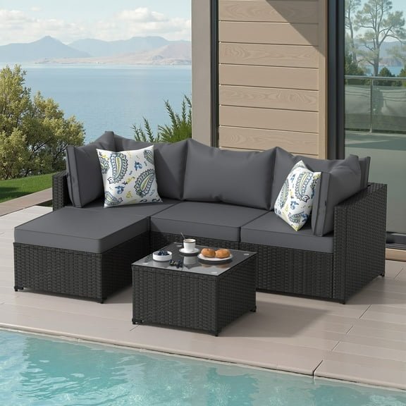 Phonjoroo 5PCS Patio Furniture Sets All Weather Outdoor Sectional Sofa Manual Weaving Wicker Rattan Outdoor Conversation Set with With Cushion And Glass Table, Gray