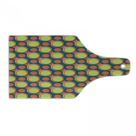 Retro Cutting Board, Spotty Pattern with Orange and Green Circles in Diagonal Direction, Decorative Tempered Glass Cutting and Serving Board, Wine Bottle Shape, Yellow Green Orange, by Ambesonne