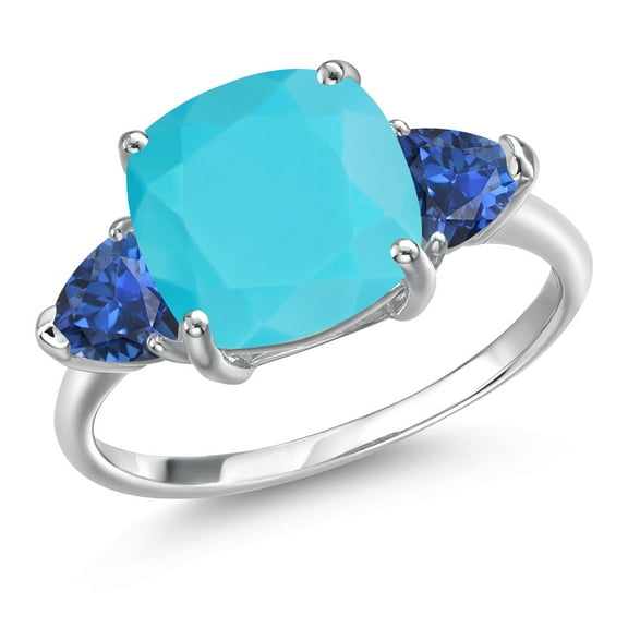Gem Stone King 4.08 Ct Cushion Green Turquoise Blue Created Sapphire 10K White Gold Ring (Size 5)