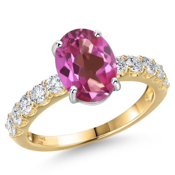 Gem Stone King 14K Two Tone Gold Pink Mystic Topaz and Lab Grown Diamond Engagement Ring for Women | 3.90 Cttw | Oval 10X8MM | Gemstone November Birthstone | Size 6