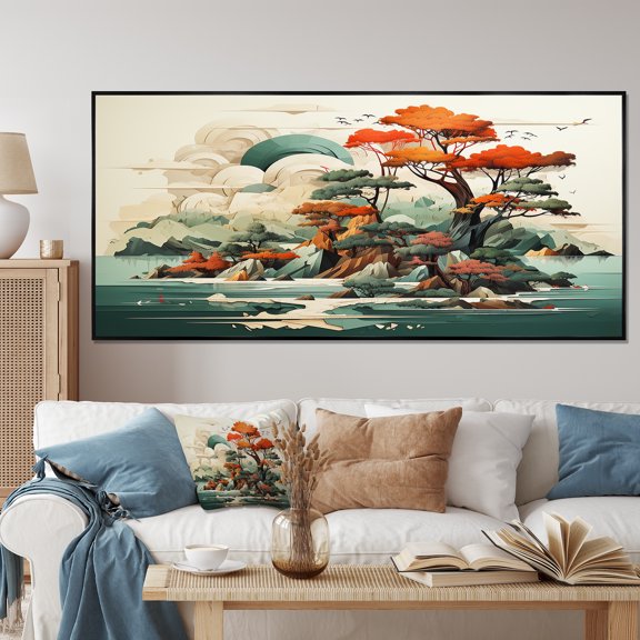 Designart "Vintage Scenery Japanese Lakeside I" Oversized Landscapes Framed Wall Art - Modern Green Abstract Landscapes Bedroom Framed Canvas Wall Art