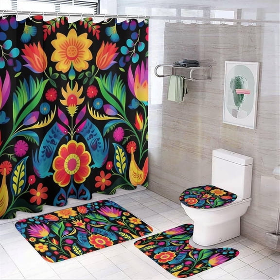4 Pcs Bathroom Shower Curtain Set,Bathroom Sets with Rugs (Bath Mat,U Shape and Toilet Lid Cover Mat), Mexican Style Colorful Striped Flower Bathroom Decor Set