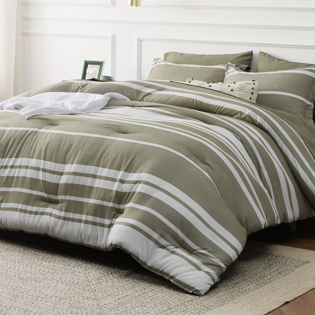 Set de Edredón Bedsure Twin Verde Oliva a Rayas 5 Piezas