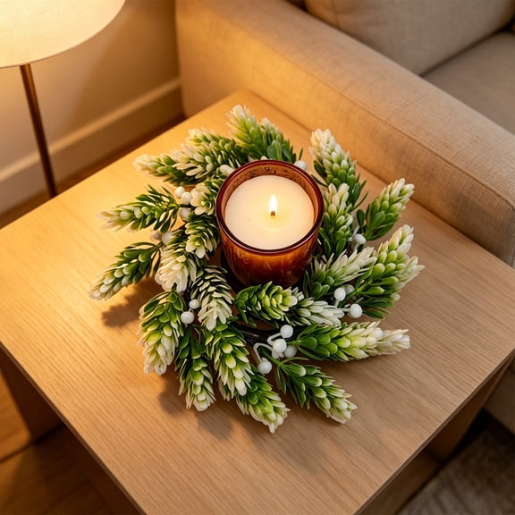 Bcylexb Artificial Leaf Candle Ring for Tabletop, 7.1" Realistic Leaves Wreath Faux Mini Wreath for Pillar Candle Dining Table Centerpiece Home Decor