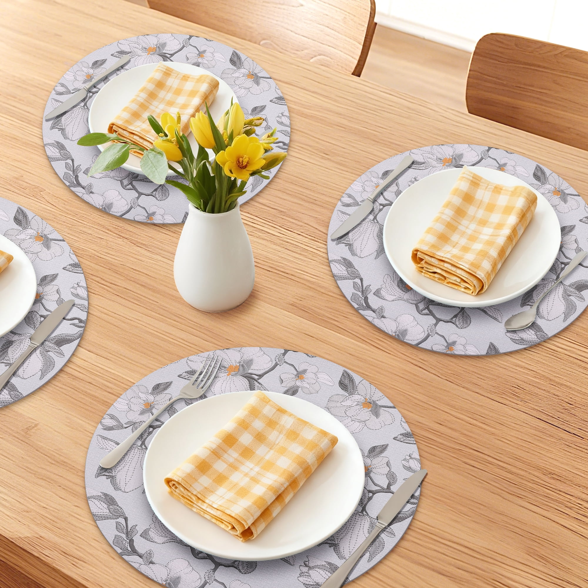 Unique Bargains 6pcs Faux Leather Floral Placemats Gray 13"x13"