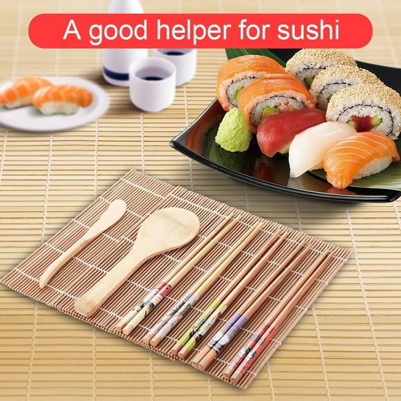 Acouto Bamboo Sushi Making Tool Include Spoon, Blade, Curtain& Chopsticks for Family DIY