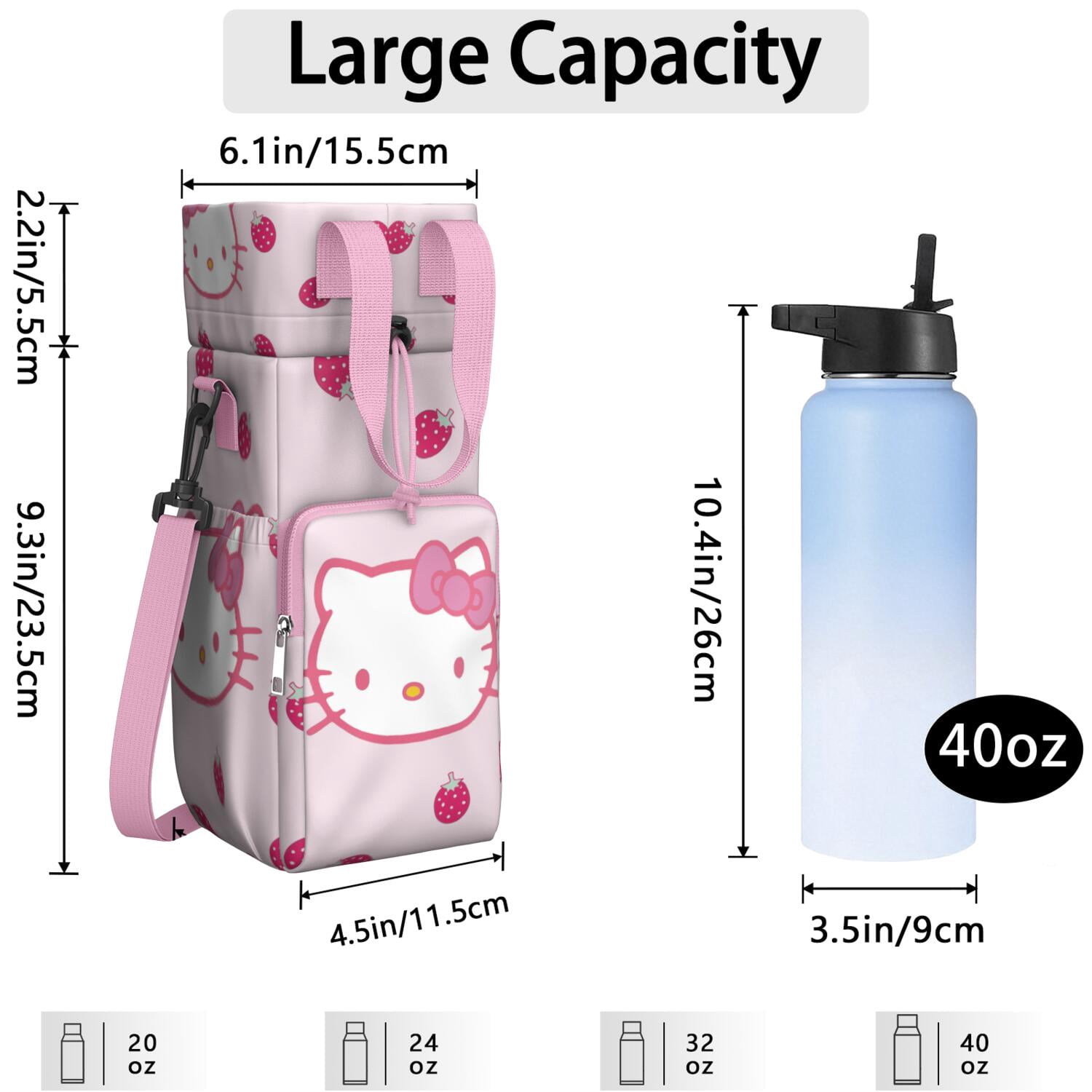 Insulated Water Bottle Carrier Bag Sleeve with Strap Crossbody for 20/24/32/40oz Tumbler,Hello Kawaii Cat Cute Water Bottle Holder Sling Bag with Pocket Gifts for Women Men Adults
