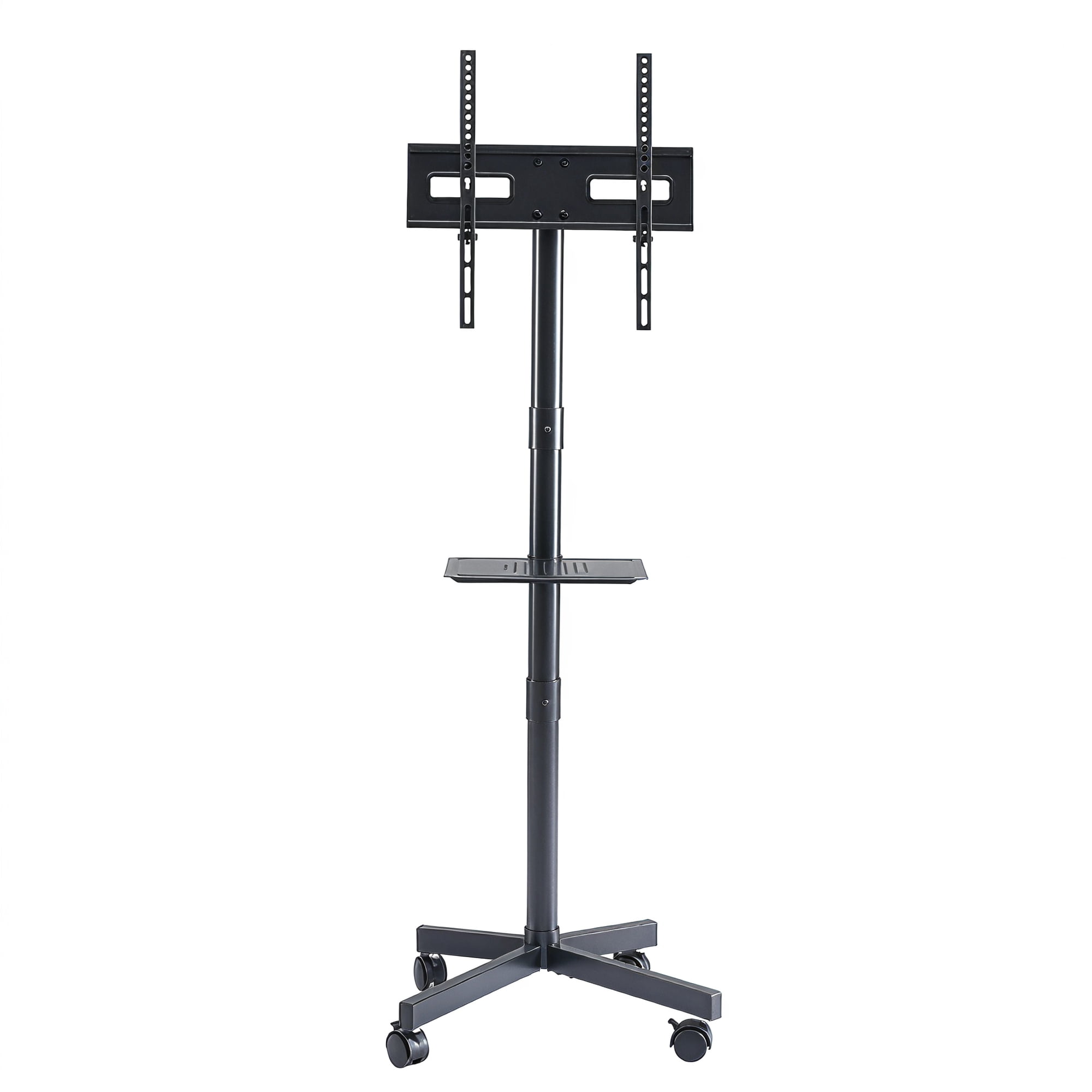 Mobile Rolling TV Cart, TV Floor Stand with Tilt Mount, Lockable Wheels & Media Shelf, for 23‑60 Inch, Black