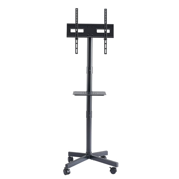 Mobile Rolling TV Cart, TV Floor Stand with Tilt Mount, Lockable Wheels & Media Shelf, for 23‑60 Inch, Black