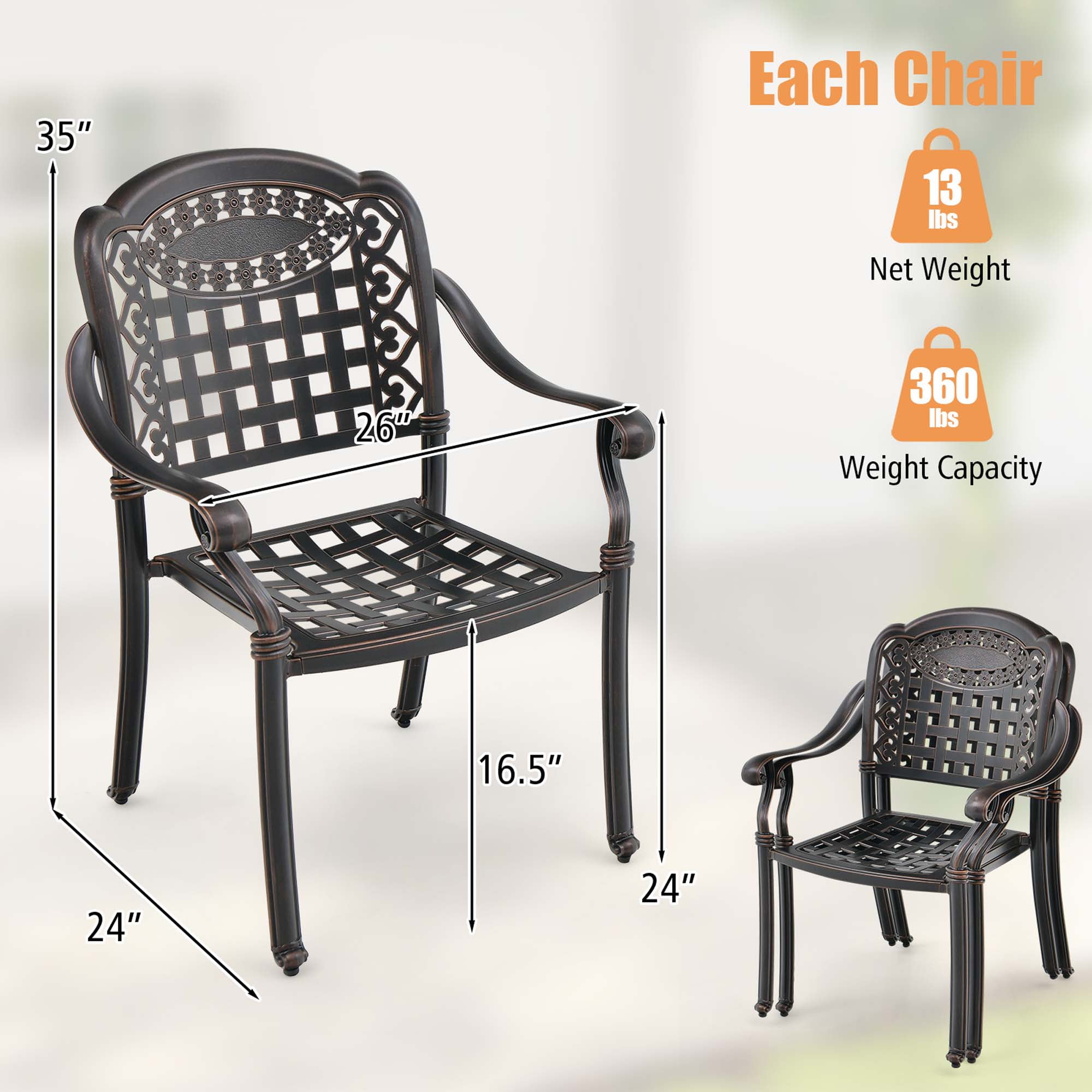 Costway 2pcs Patio Cast Aluminum Armrest Chairs Dining Stackable Outdoor Bronze