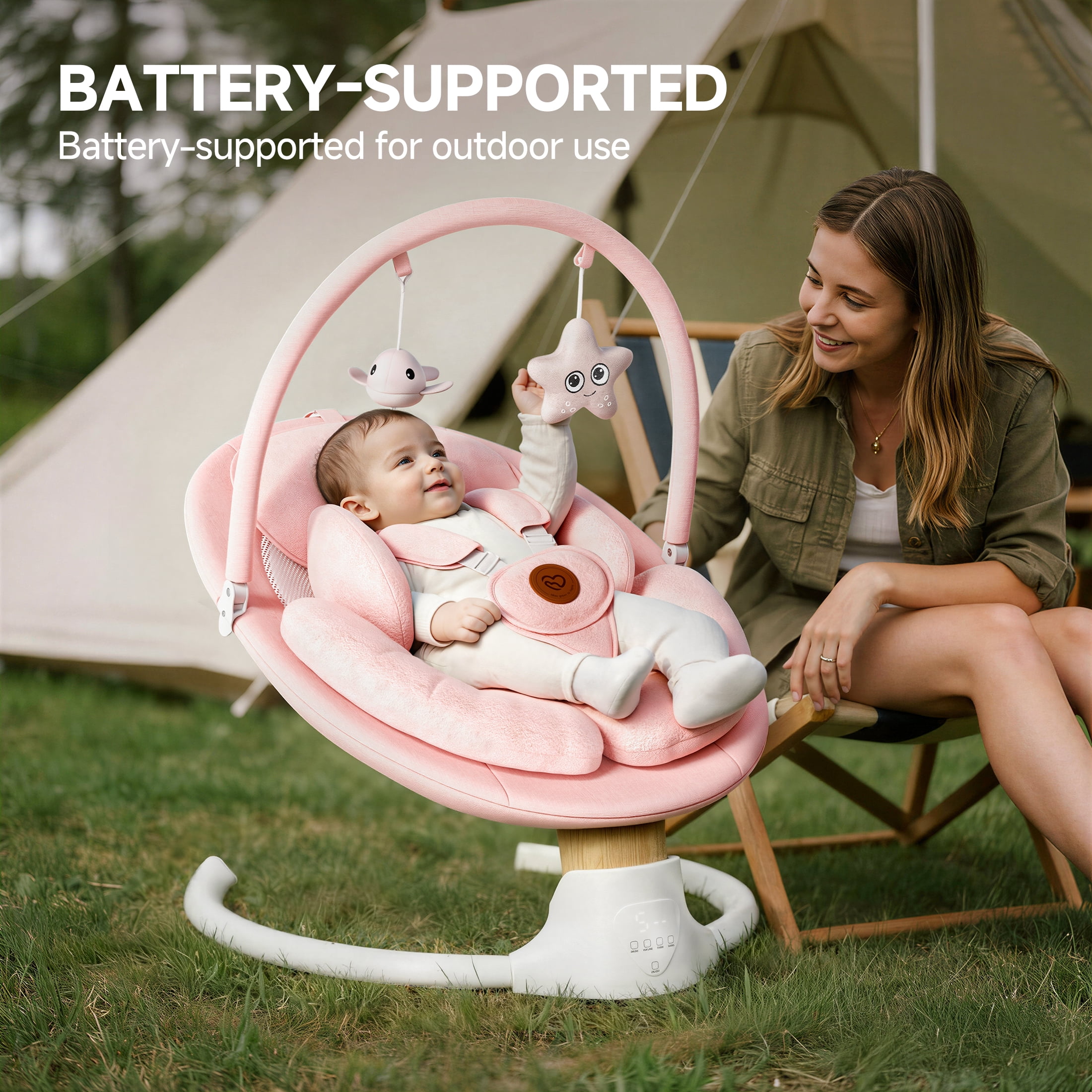 Babyomi portable baby swings for infants to toddler, Electric Swing with Music Speaker, 3 Seat Positions , 5 Speeds, and Remote Control - Infant Swing for Indoor and Outdoor, Pink