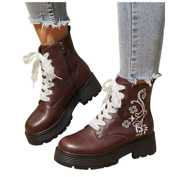 Women's Leather Lace up Combat Boots Platform Comfortable Lug Sole Chunky Casual Fall Winter Warm Motorcycle Booties a-Coffee Size 8