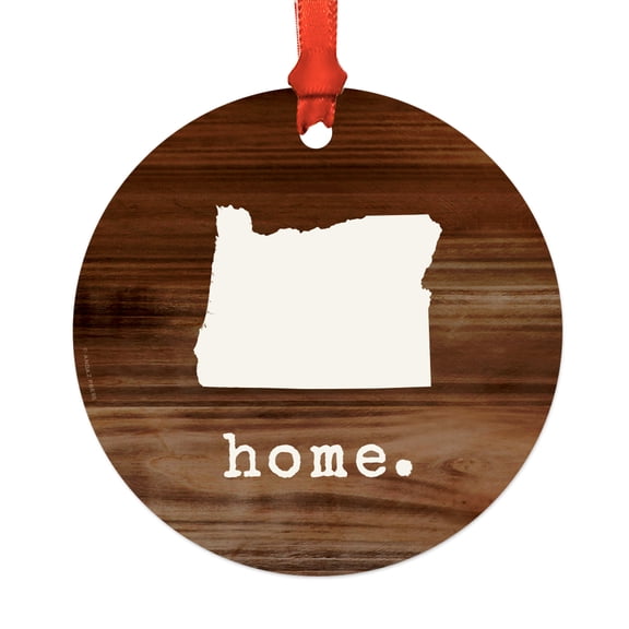 US State Round Metal Christmas Ornament, Rustic Wood Print, Oregon, Includes Ribbon and Gift Bag