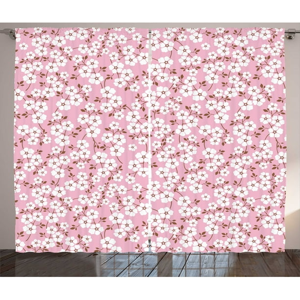 Pink And White Curtains 2 Panels Set Cheery Bedding Plants Bursting Out Into White Blossoms Calico
