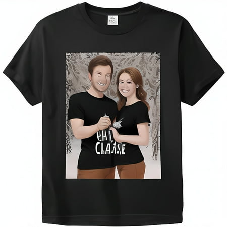 Unique Black T-Shirt:  Clashe In Love  Graphic with Smiling Couple Casual Style Silver Jewelry 2D Game Art Perfect for Trendy Looks