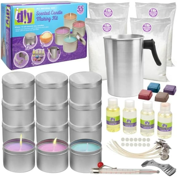iDIY Candle Making Supplies (Large 55 Piece Set)-Includes 4 lb All Natural Soy Wax Chips, 12 Tins, Scents, Coloring, Wicks, Thermometer, Pouring Pot, TWICE as MANY CANDLES AS LEADING Kit