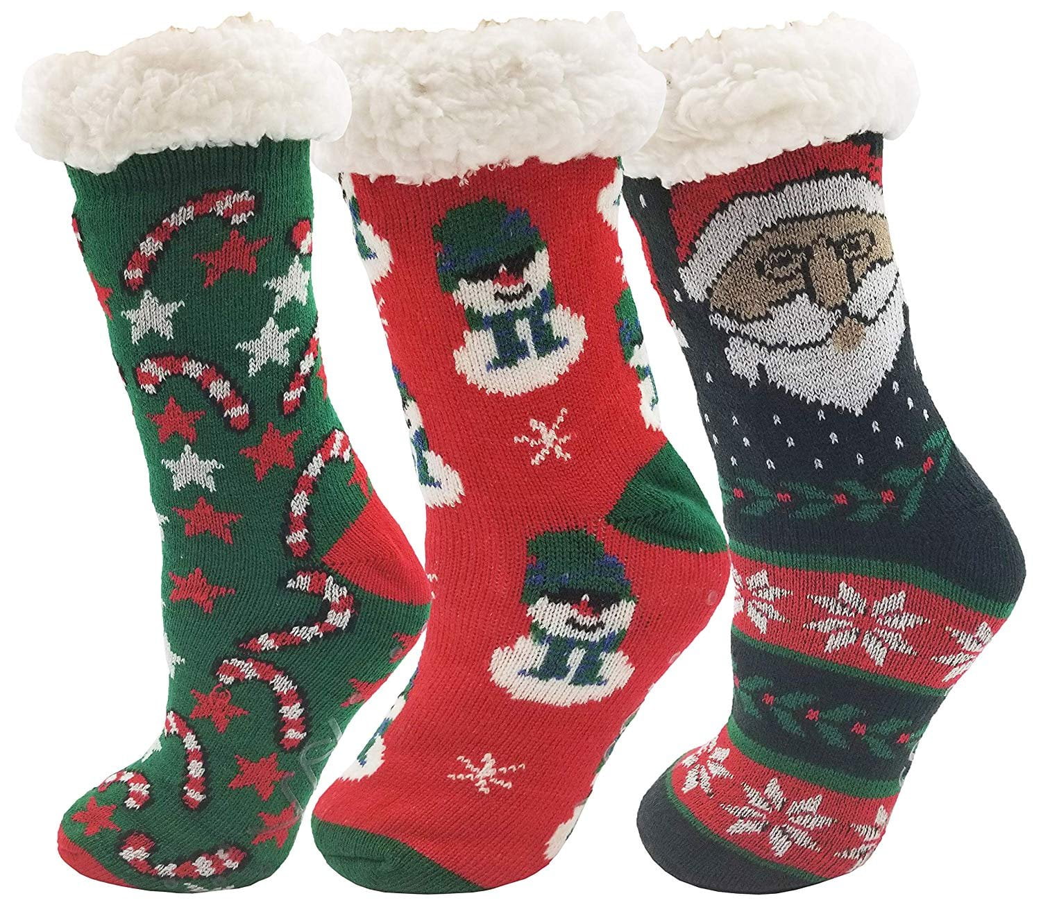 Sherpa Lined Slipper Socks, 3 Pairs for Women, Fluffy Christmas Winter Patterned with Gripper 