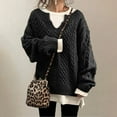 thumbnail image 5 of Sweaters for Women Knitted Knit Notch V Neck Cable Solid Color Puff Bubble Loose Long Sleeve Base Cozy Top, 5 of 9