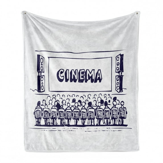 Movie Theater Soft Flannel Fleece Throw Blanket, Hand Drawn Illustration Audience Sitting in Theater Waiting the Movie, Cozy Plush for Indoor and Outdoor Use, 60" x 80", Navy Blue White, by Ambesonne