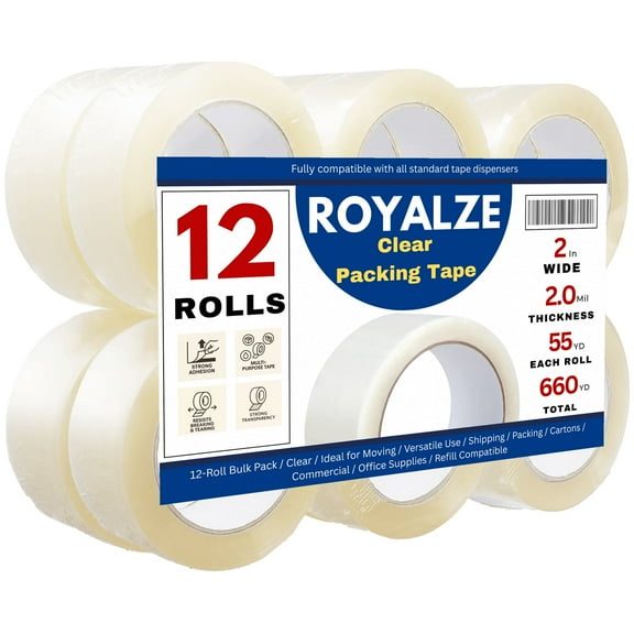 ROYALZE Clear Packing Tape, 1.88 in x 54.6 yd, 12 Pack – Multi-Purpose Sealing Tape for Boxes, Shipping, Moving & Storage