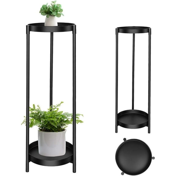 Plant Stand Indoor Outdoor, 2 Tier 24" Tall Black Flower Pot Plant Stands, Heavy Duty Metal Plants Shelf, Rustproof Iron Multiple Plant Round Supports Rack for Planter Corners Garden Balcony Patios