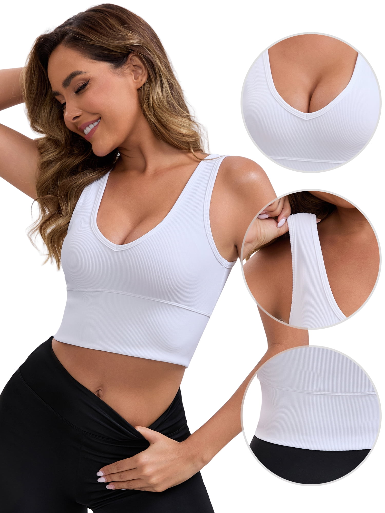 DARING DIVA Ribbed Sports Longline Push Up Crop Wide Strap Bras XXL White