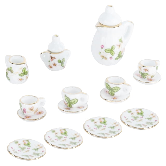 Dollhouse Porcelain Tea Cup Set, Lovely 1/12 Ceramics Tea Cup Set 15 Pieces Smoothly With Removable Lids For Dollhouse Clover Pattern